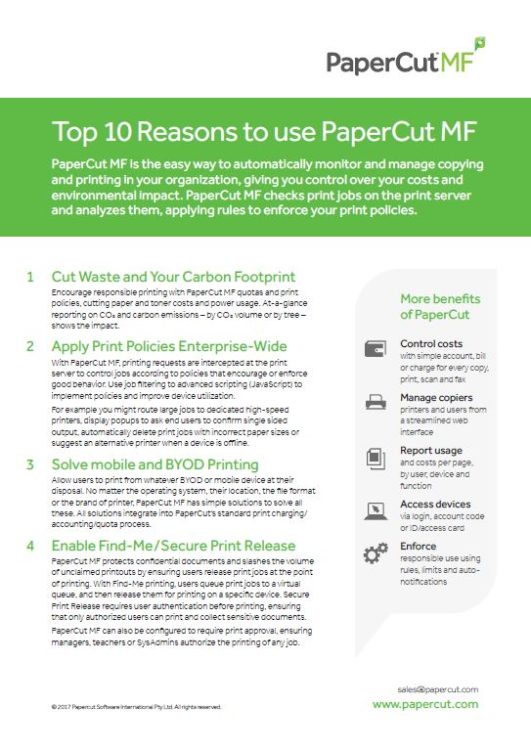 Top 10 Reasons, Papercut MF, Premier Office Systems, Las Vegas, Xerox, Canon, KIP, Quadient, Copier, Printer, MFP, Sales, Service, Supplies